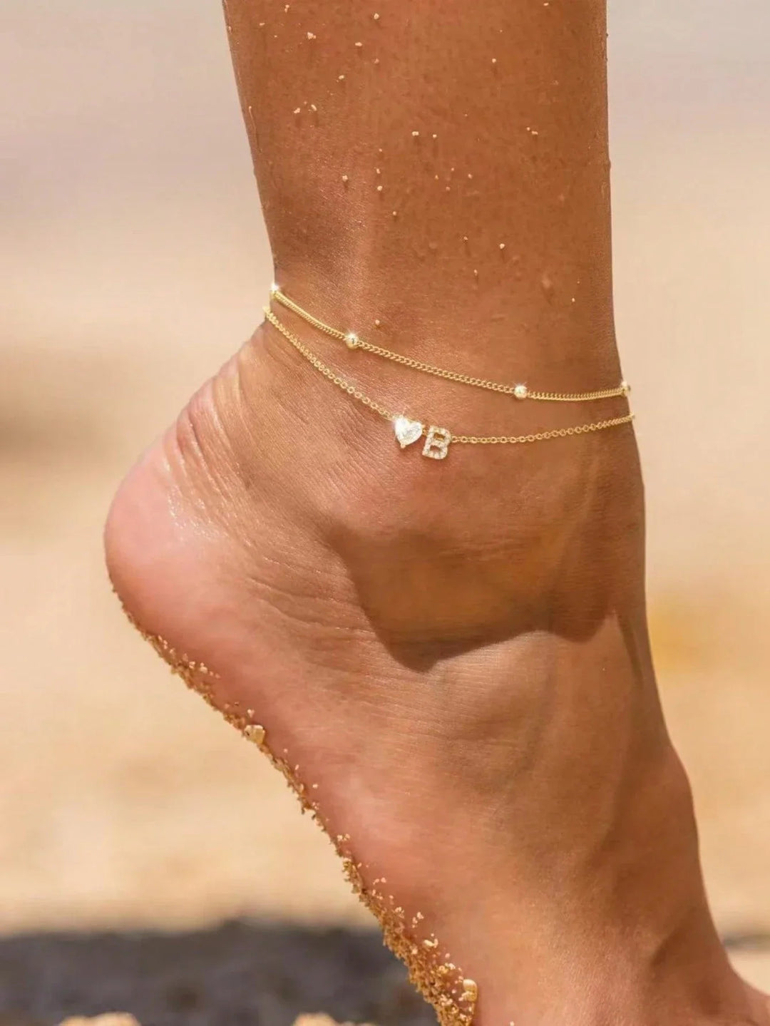 Gold Heart Charm Initial Anklet