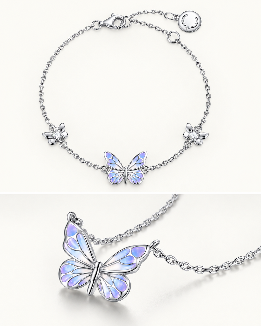 Luminous Purple Butterfly Charm Necklace &amp; Bracelet Set