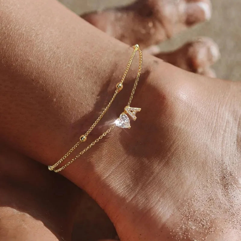 Gold Heart Charm Initial Anklet