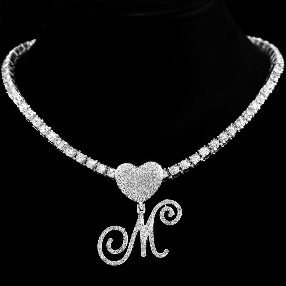 Heart Charm Crystal Initial Necklace