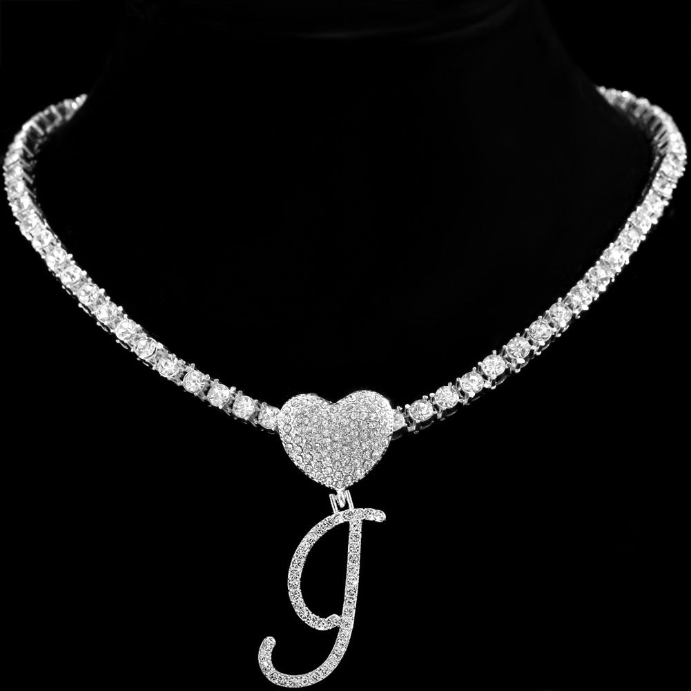 Heart Charm Crystal Initial Necklace