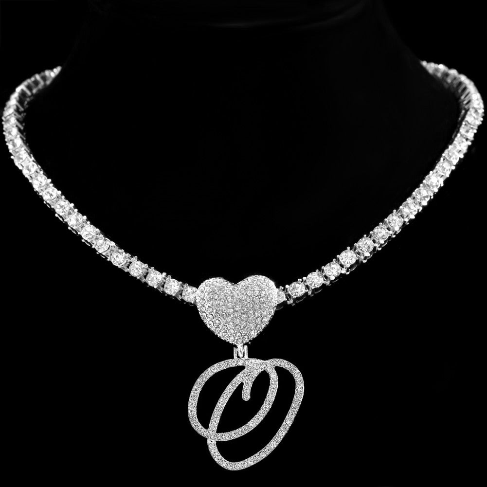 Heart Charm Crystal Initial Necklace