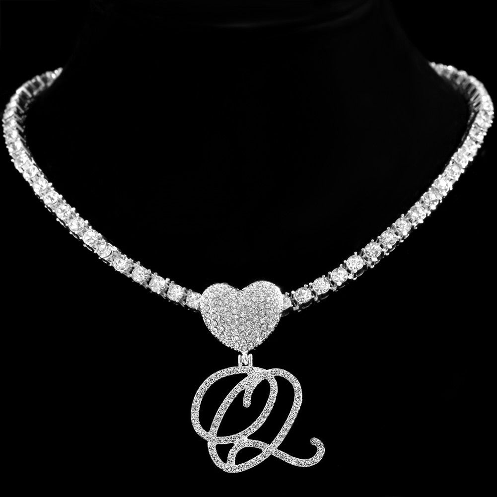 Heart Charm Crystal Initial Necklace