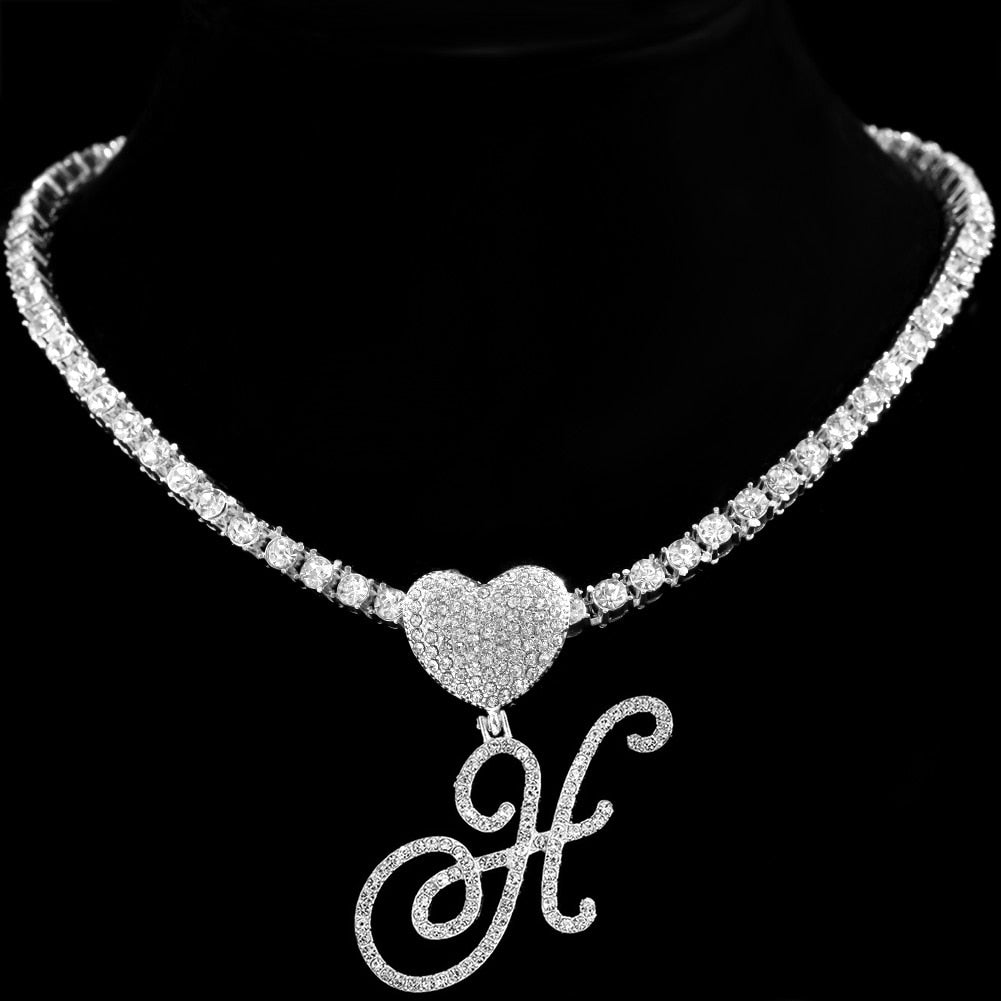 Heart Charm Crystal Initial Necklace