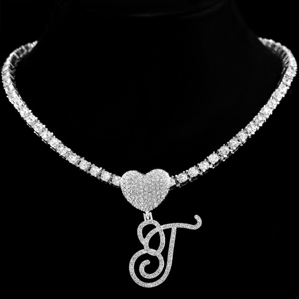 Heart Charm Crystal Initial Necklace