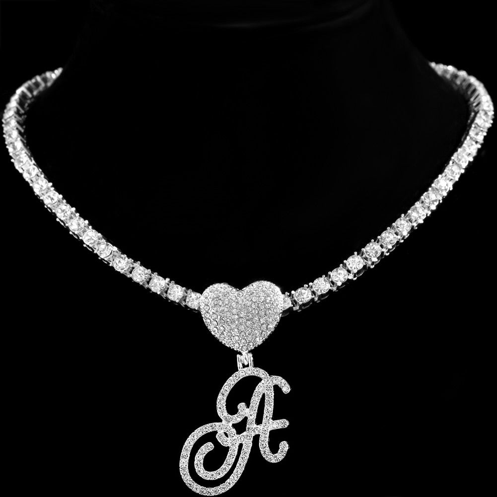 Heart Charm Crystal Initial Necklace