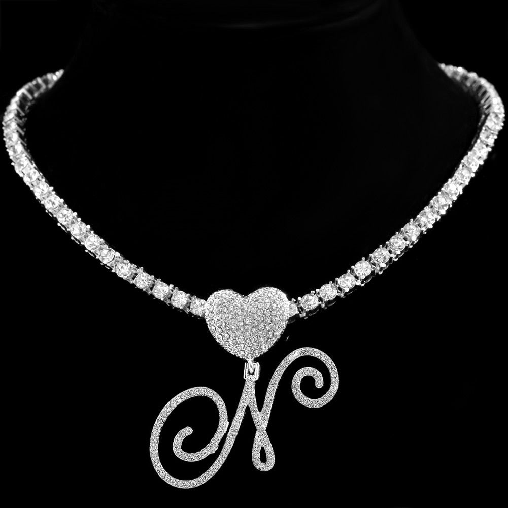 Heart Charm Crystal Initial Necklace