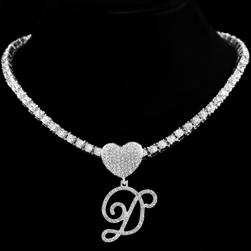 Heart Charm Crystal Initial Necklace