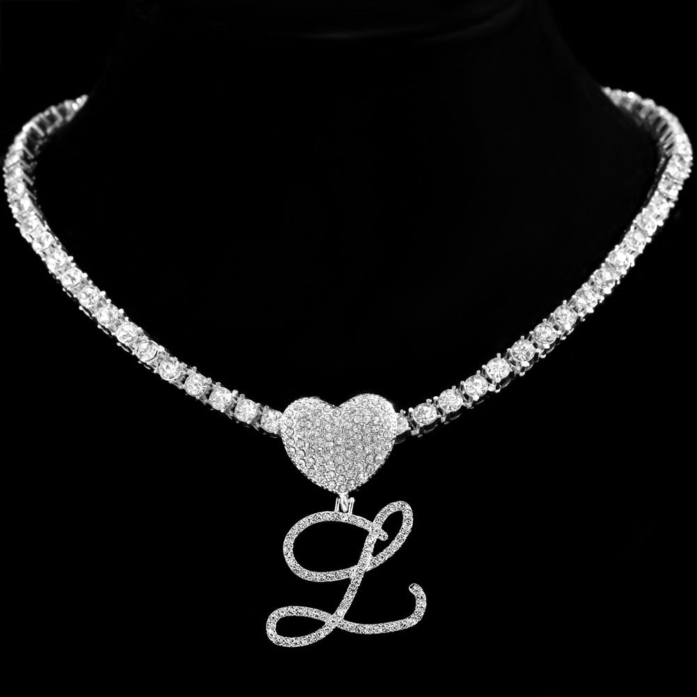 Heart Charm Crystal Initial Necklace