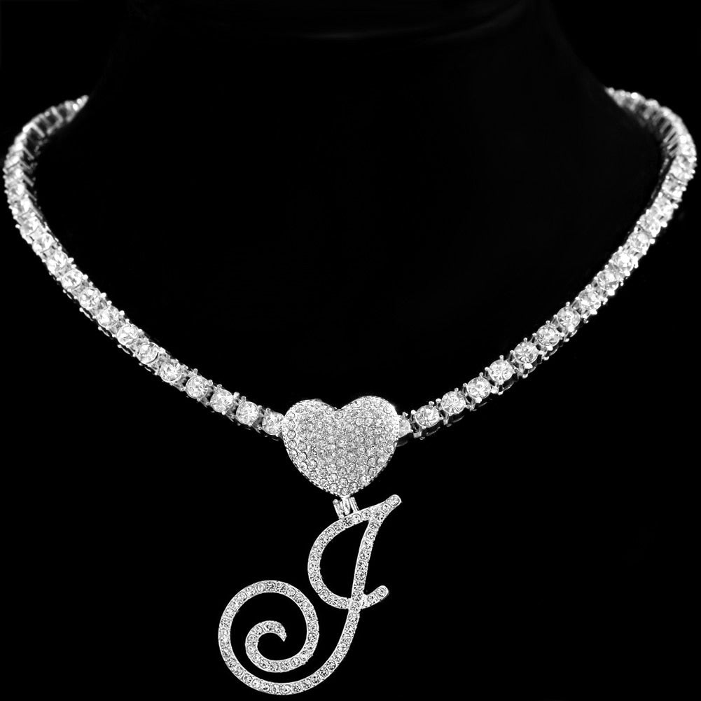 Heart Charm Crystal Initial Necklace