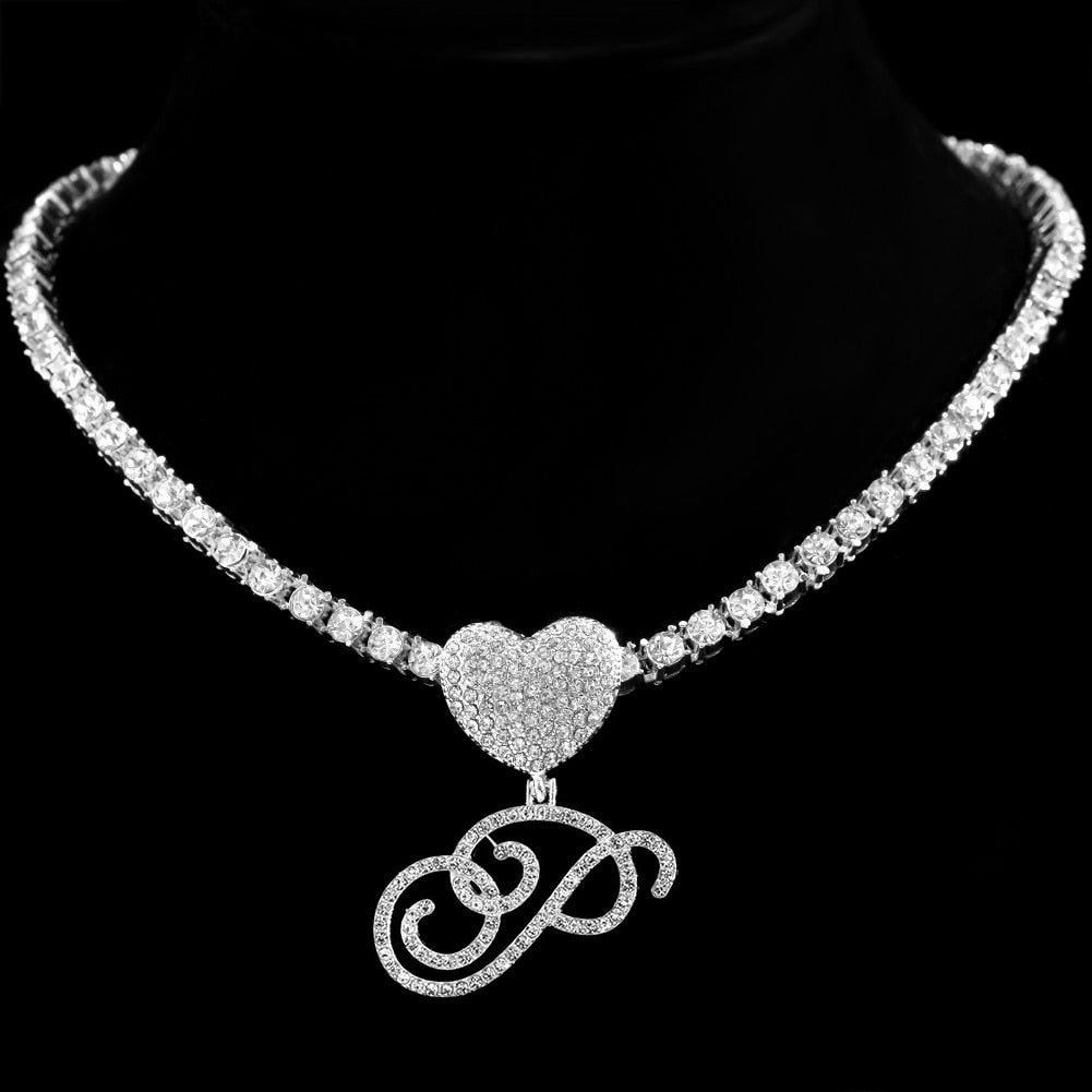 Heart Charm Crystal Initial Necklace