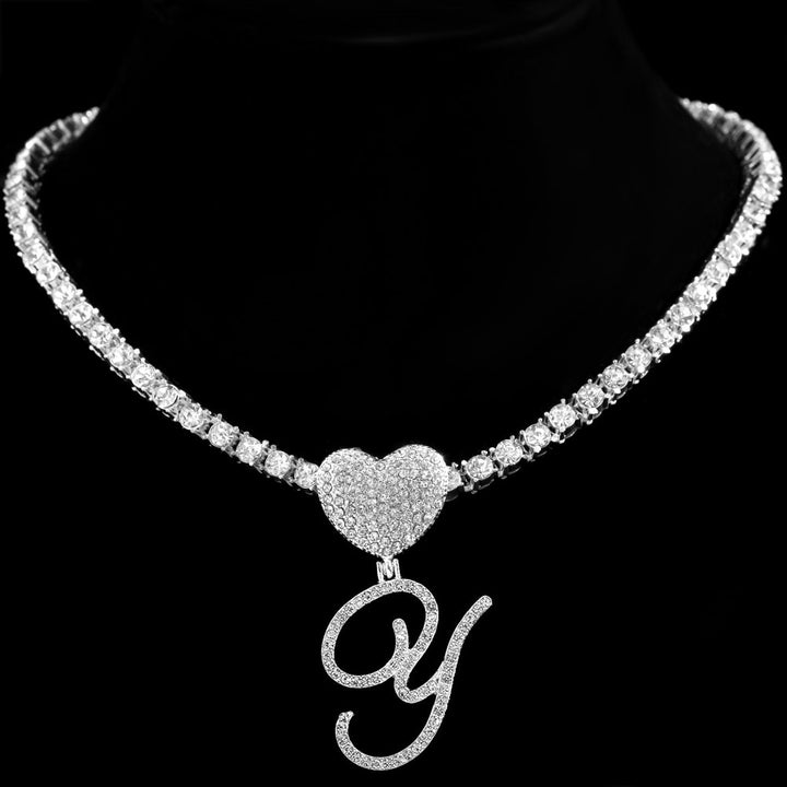 Heart Charm Crystal Initial Necklace