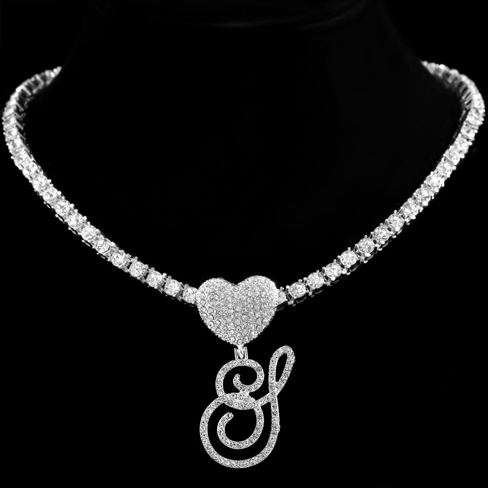 Heart Charm Crystal Initial Necklace