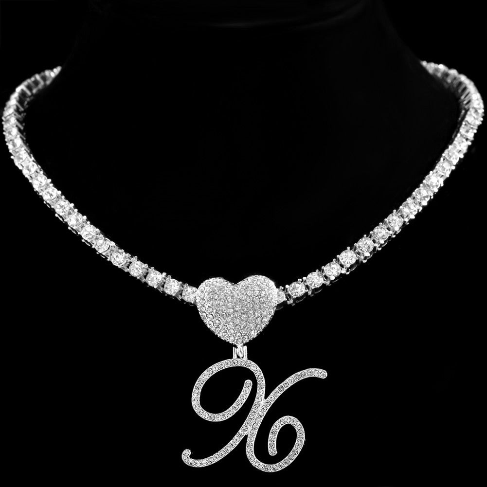 Heart Charm Crystal Initial Necklace