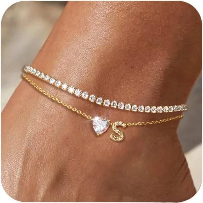 Gold Initial Tennis Ankle Bracelet