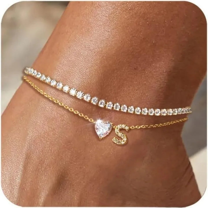 Gold Initial Tennis Ankle Bracelet